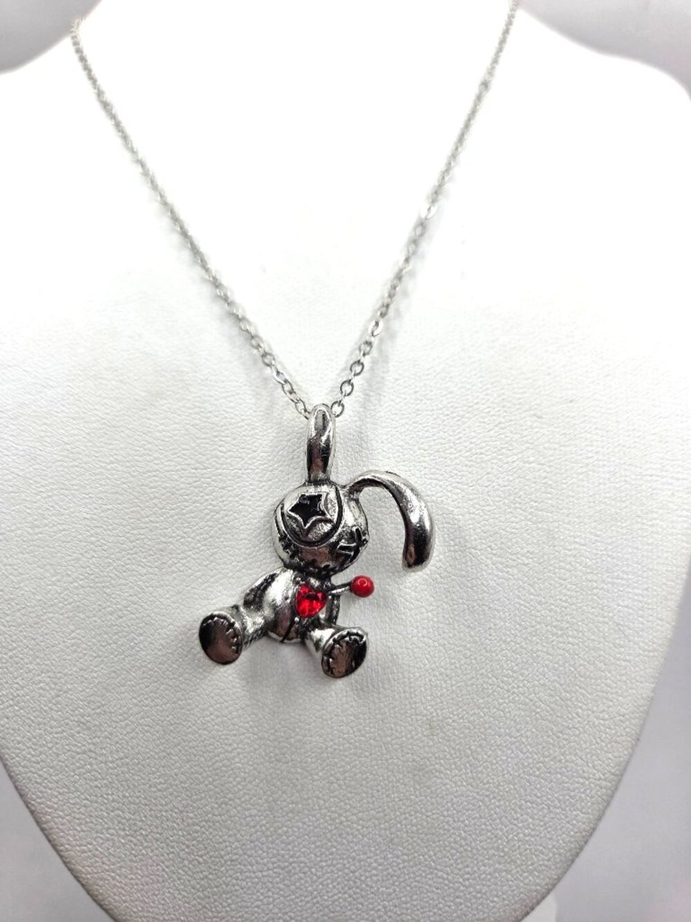 Zombie Bunny Pendant Necklace With Red Accent Charm Silver-Tone Chain Gothic Jew